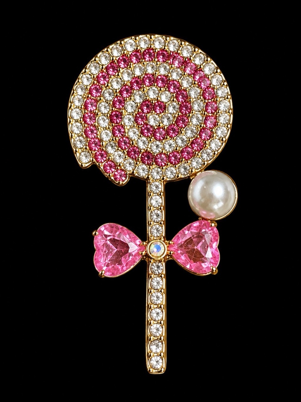 Gold-Tone Pink Crystal Lollipop Brooch with Pearl Accent
